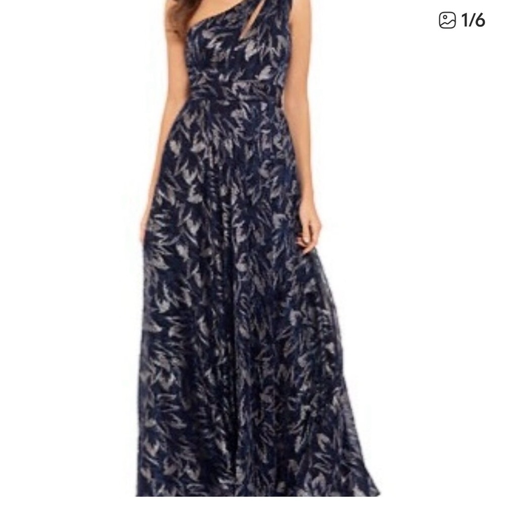 Betsy & Adam Galaxy Metallic Navy and Silver One-Shoulder Dress with Key Hole